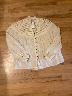 Anthropologie Pilcro Cream Crochet Yoke Button-Front Blouse